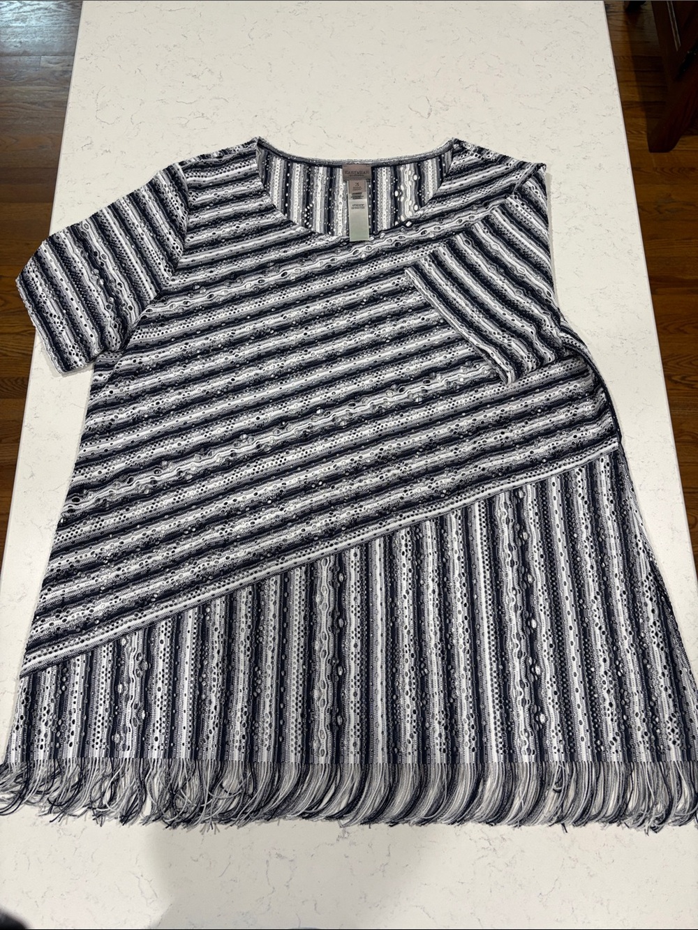 Chico's Easy Wear Blue and White Striped Short Sleeve Fringe Hem Top
